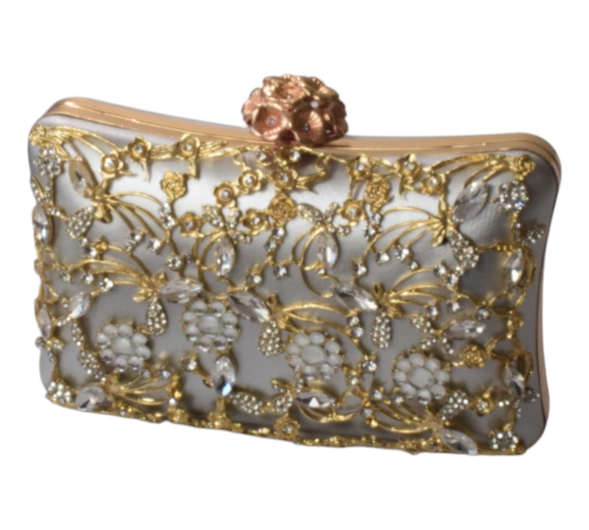 Dorole Sparkle Clutch with Rhinestones featuring intricate gold floral design and silver finish for elegant evening wear.