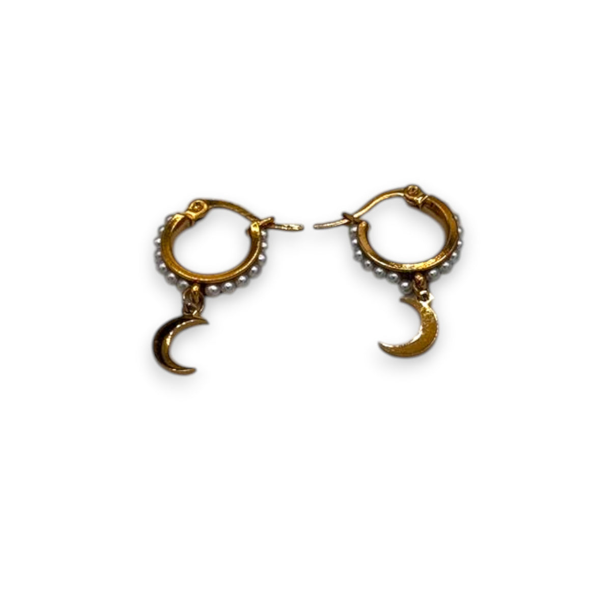 Gold-tone hoop earrings with pearl accents and a dangling crescent moon charm.
