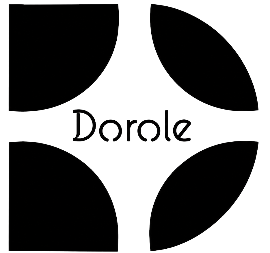 A minimalist dorole logo featuring four curved geometric shapes arranged around the word 'Dorole' in a stylized serif font, set against a solid white background.