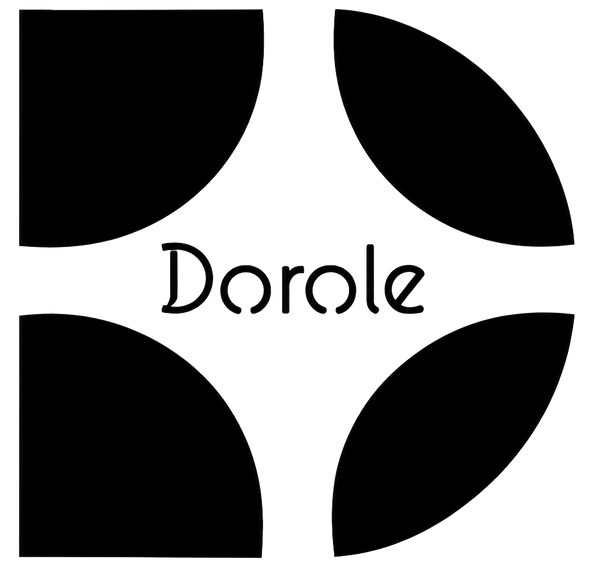 A minimalist dorole logo featuring four curved geometric shapes arranged around the word 'Dorole' in a stylized serif font, set against a solid white background.