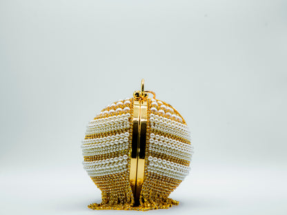 Sparkling Crystal Pearl Ball Evening Bag spherical clutch with gold ring handle