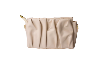Beige clutch bag with gold accents on a white background