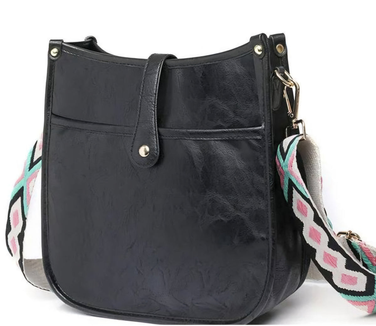 Black everyday crossbody handbag featuring a patterned wide shoulder strap and front zip pocket.