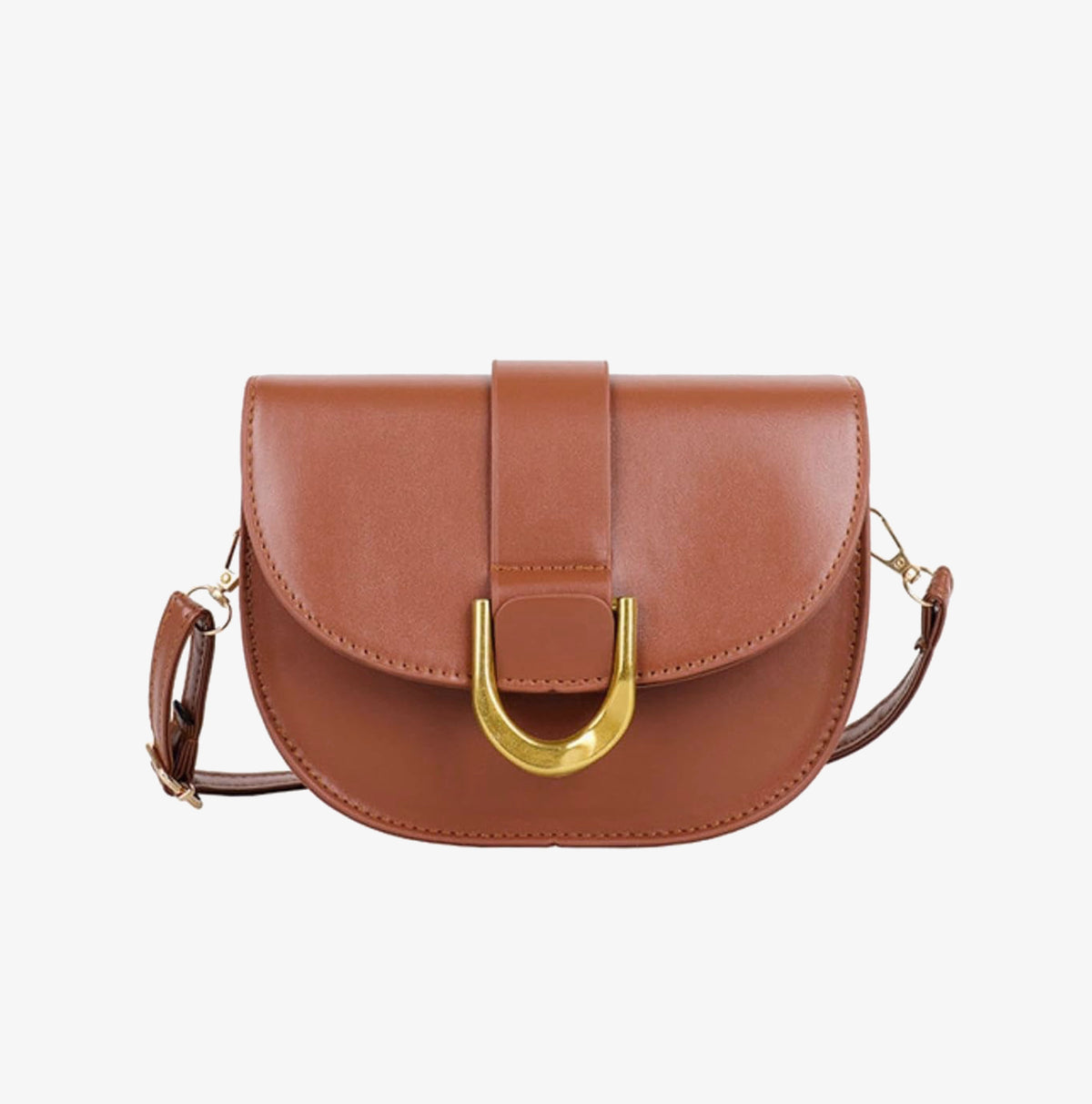 Brown leather handbag with gold buckle on a white background