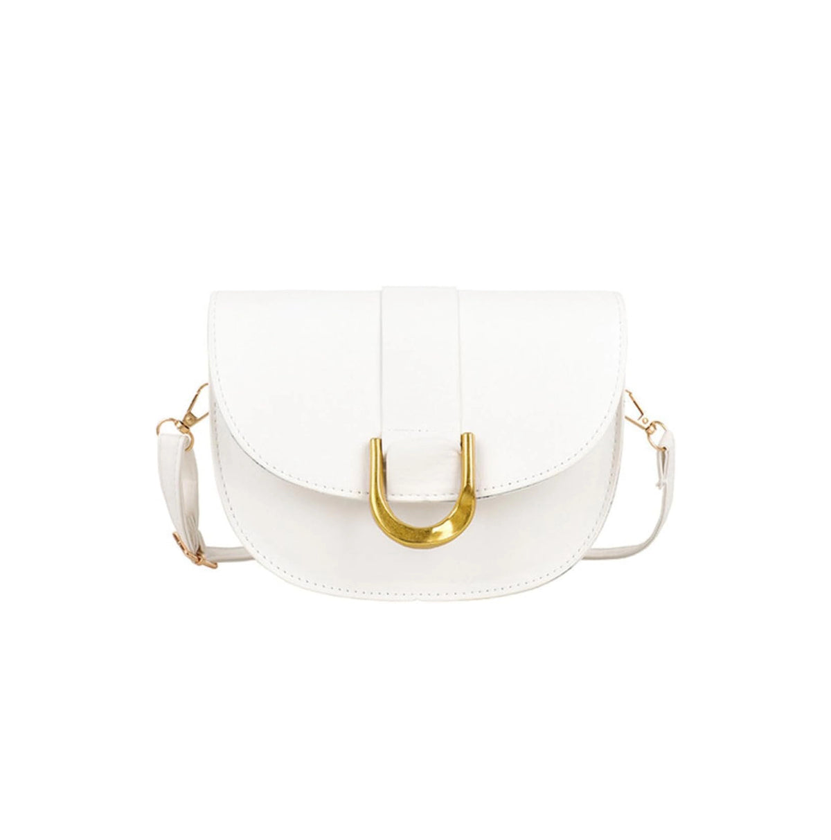 White handbag with gold clasp on a white background
