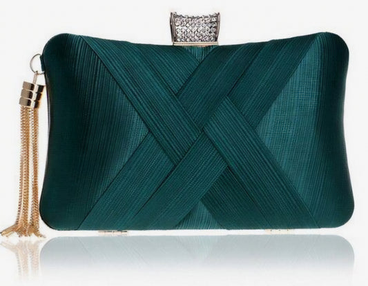 A green Dorole evening clutch with a textured surface, a rhinestone clasp, and a gold chain shoulder strap.