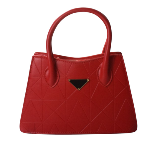 A red handbag with a geometric pattern and a detachable crossbody strap.