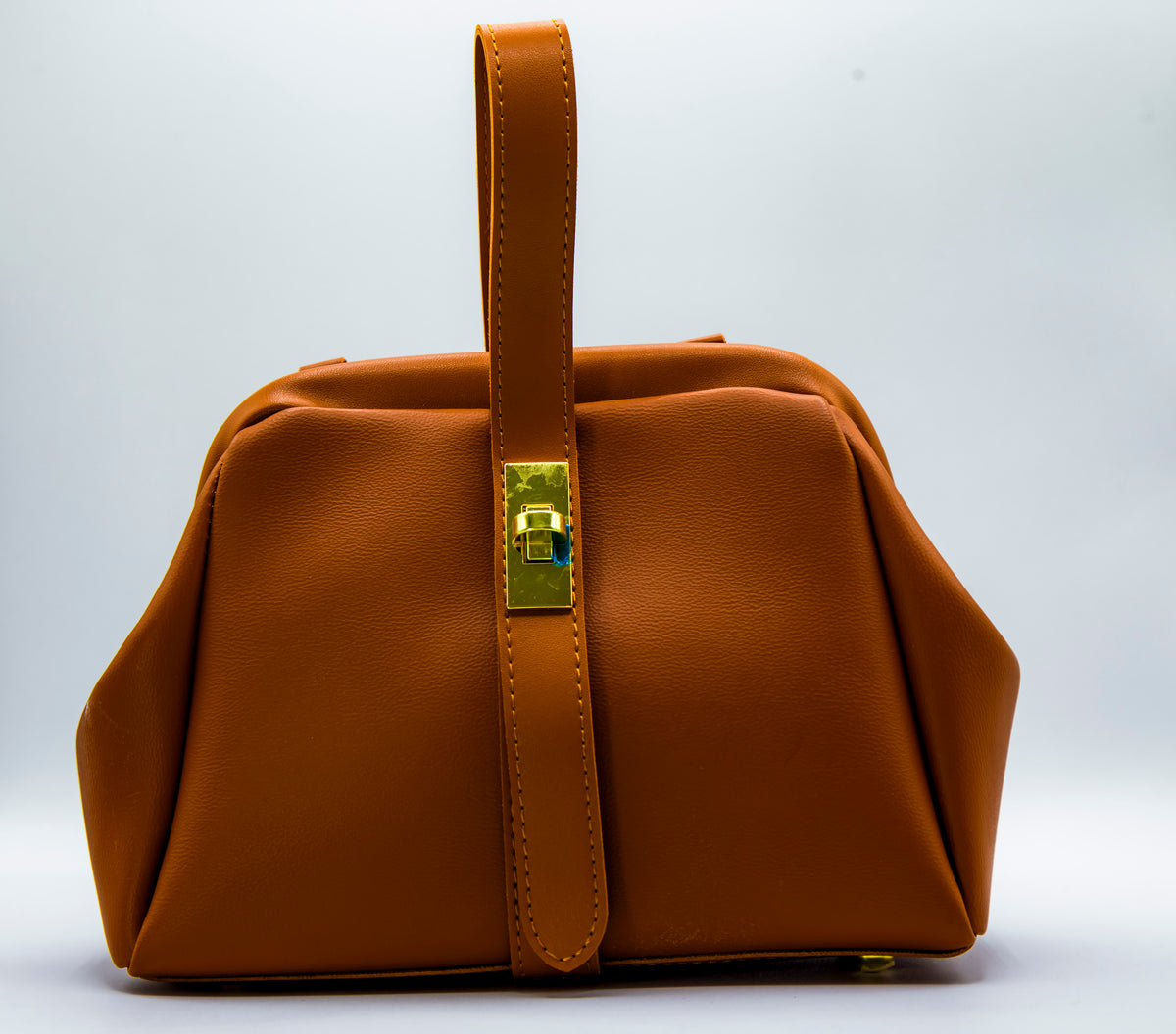 Brown leather bag with a gold clasp on a white background