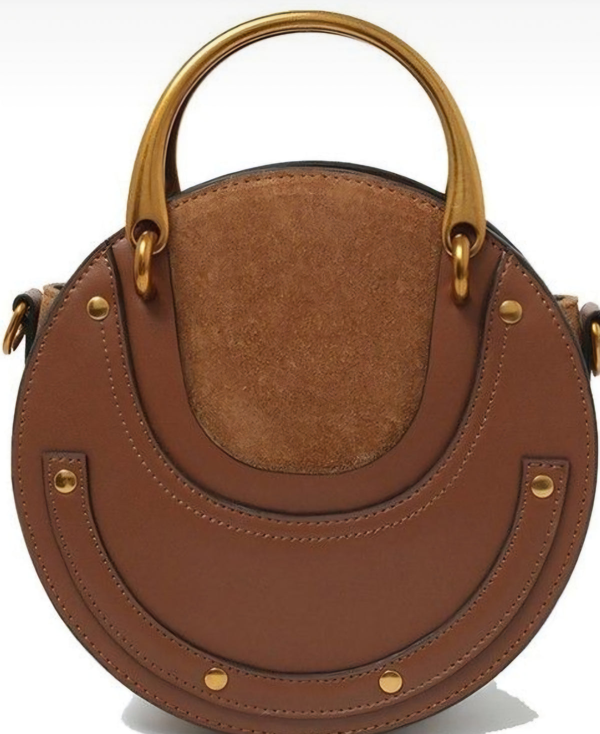 Brown leather handbag with gold accents on a white background