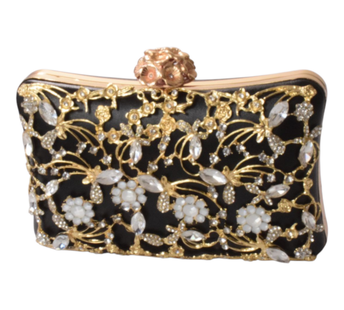 Dorole Sparkle Clutch with Rhinestones featuring gold floral embellishments and a sleek design.
