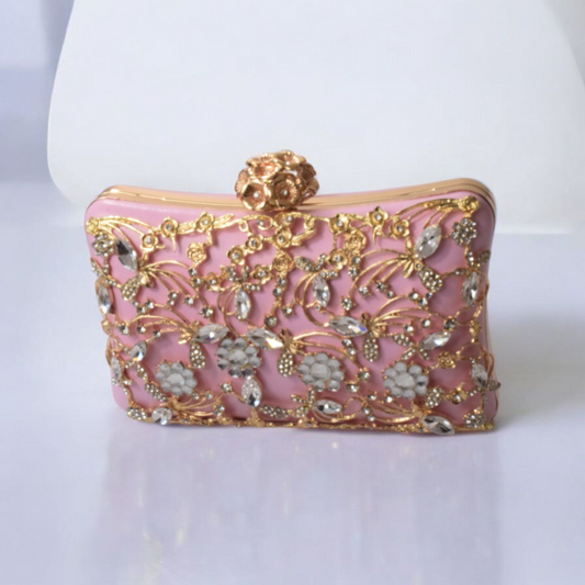 Dorole Sparkle Clutch with Rhinestones adorned in floral designs and gold embellishments for evening elegance.