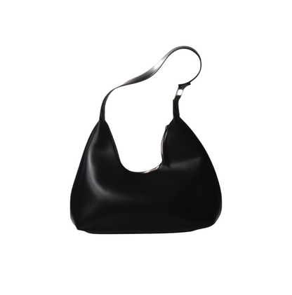 Black structured shoulder bag with a curved design and shoulder strap.