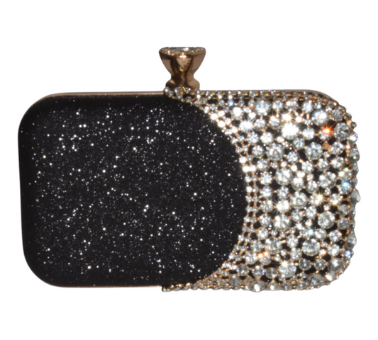 A black clutch with glittering rhinestones and embellished studs around the edge.
