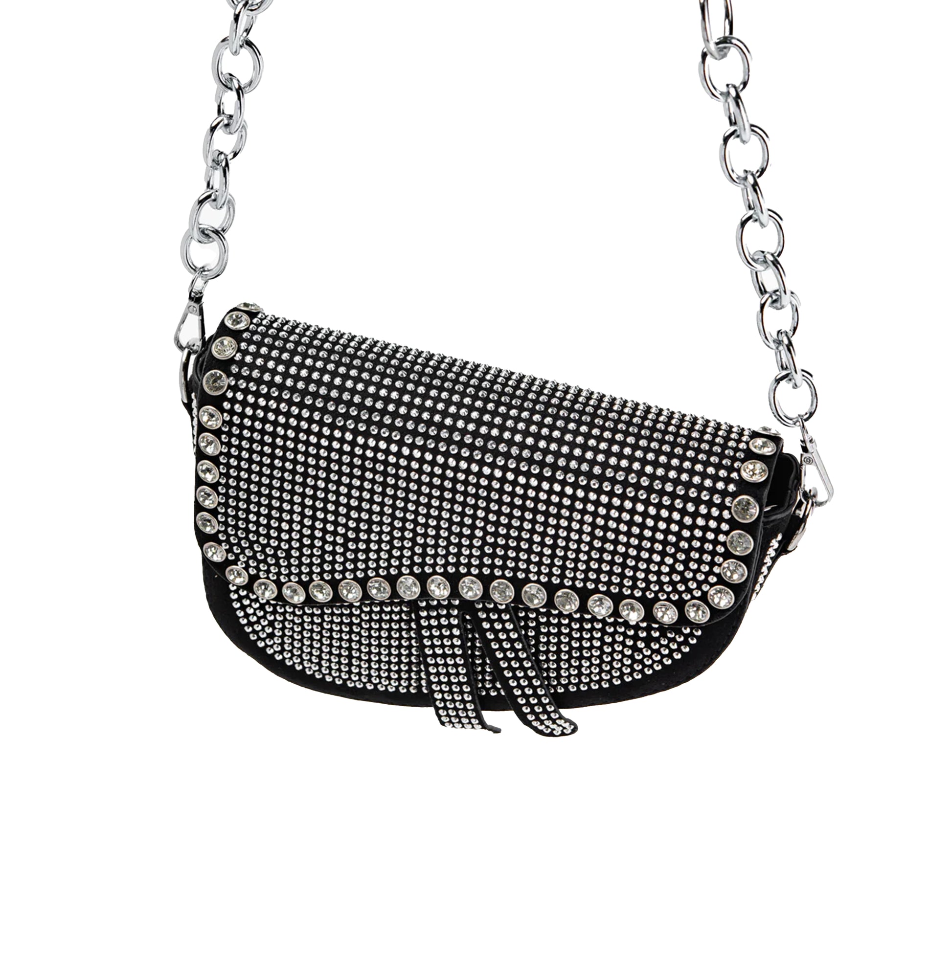 Sparkling silver rhinestone shoulder bag with a silver chain strap and curved silhouette.