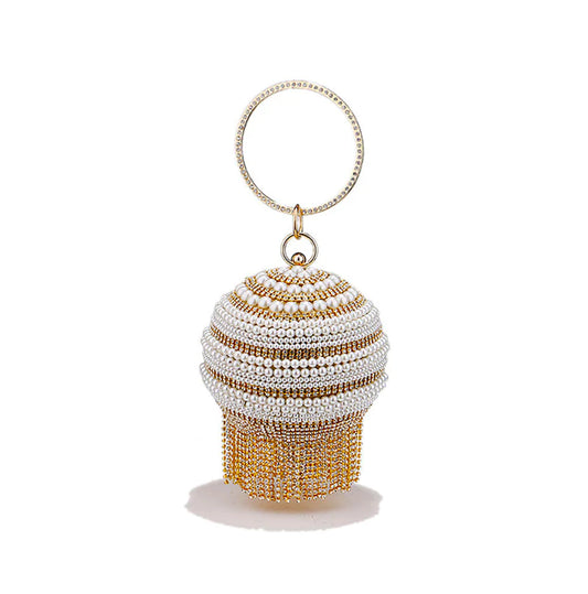 Sparkling Crystal Pearl Ball Evening Bag spherical clutch with gold ring handle