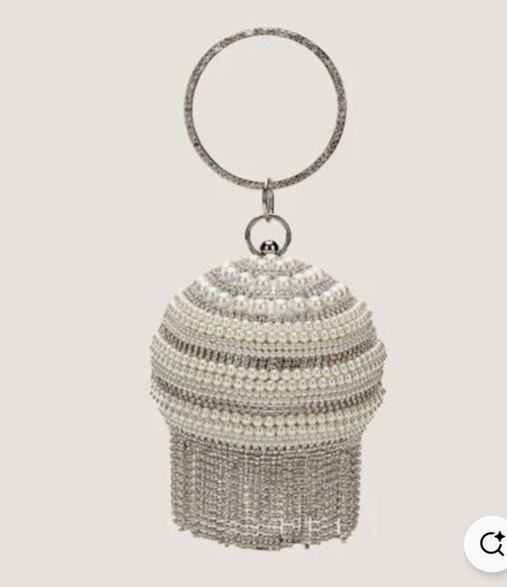 Sparkling Crystal Pearl Ball Evening Bag spherical clutch with gold ring handle