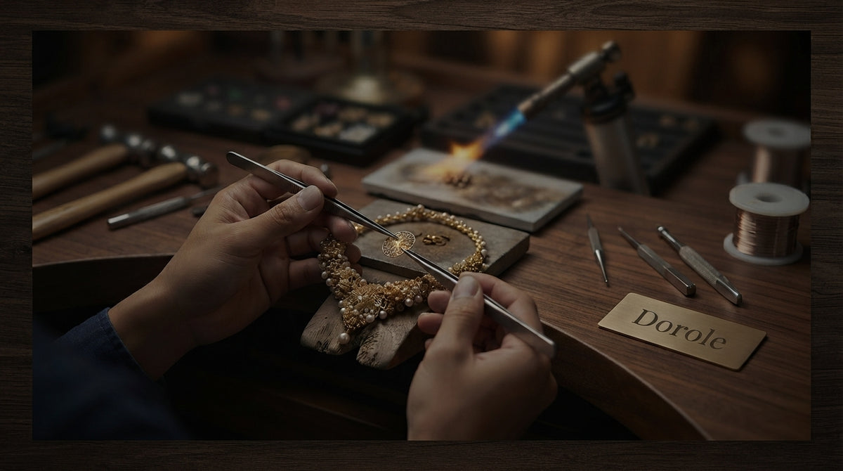 Close-up of a jeweler using precision tools to detail a gold necklace on a wooden workbench with a Dorole brand plaque