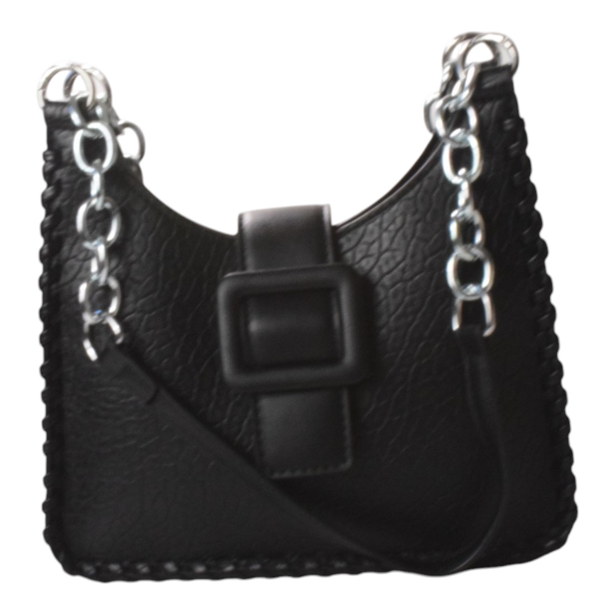 A silver vegan leather shoShockcrush Chic Square Shoulder Bag vegan leather women's handbag on marble surfaceulder bag with a brown strap and buckle, placed on a marble surface.