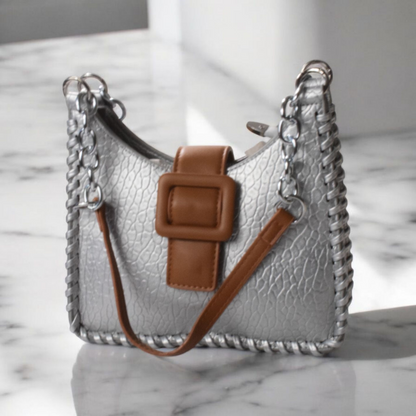 Shockcrush Chic Square Shoulder Bag vegan leather women's handbag on marble surface