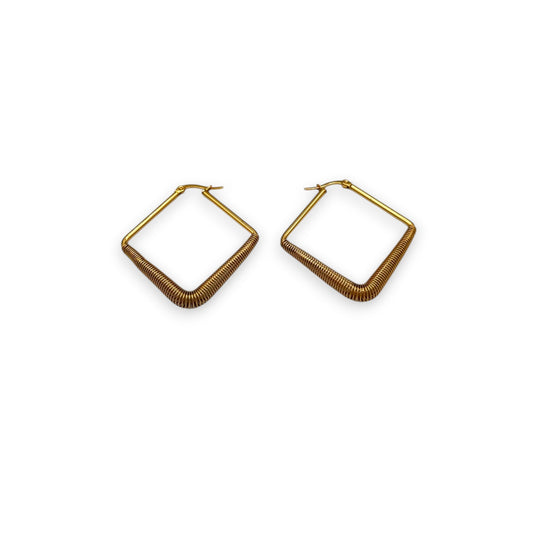 Gold structured edge hoops square geometric earrings on a white background